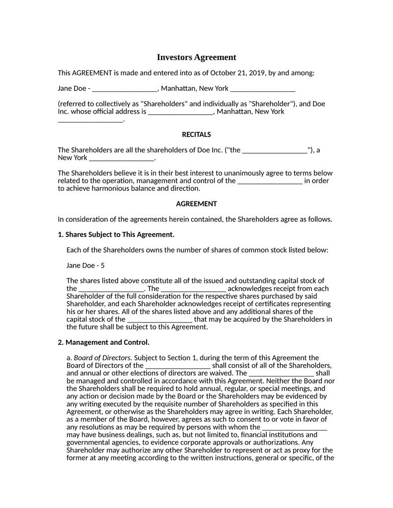 Investors Agreement - Attorney Docs