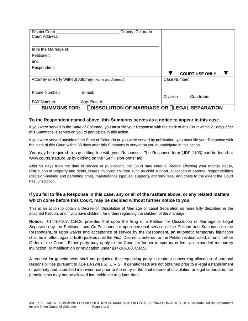 Summons for Dissolution of Marriage or Legal Separation - Attorney Docs