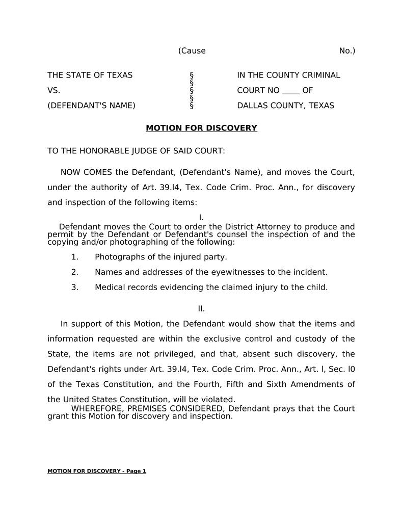 Texas Motion For Discovery Template
