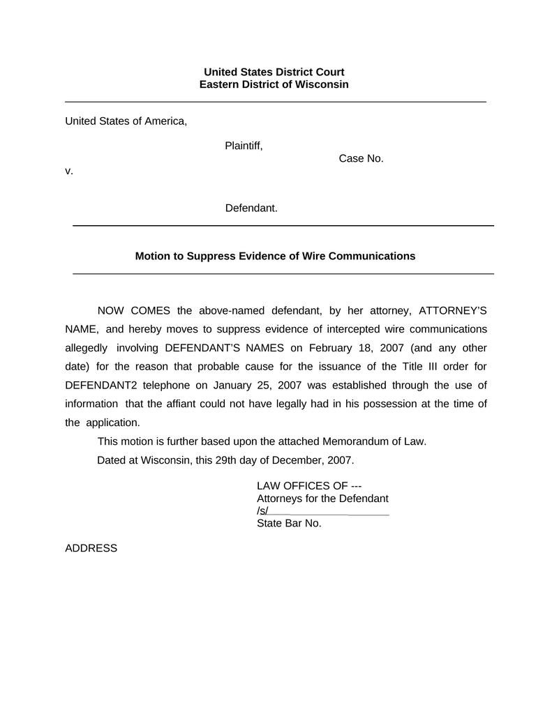 Motion to Suppress Evidence of Wire Communications - Attorney Docs ...