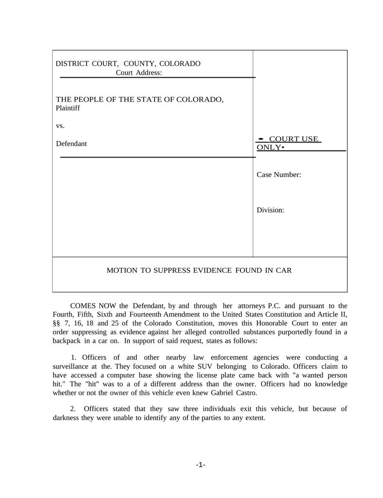 Motion to suppress evidence found in car dui case attorney docs
