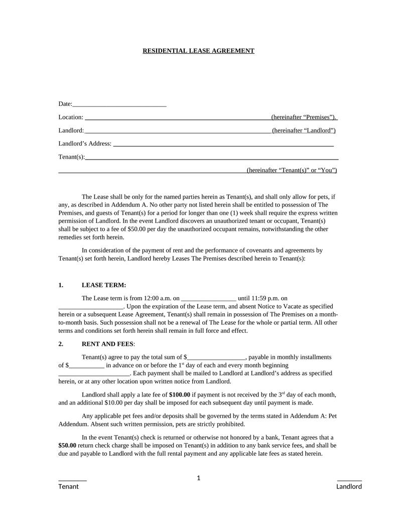 Residential Lease Agreement-Landlord and Tenant - Attorney Docs