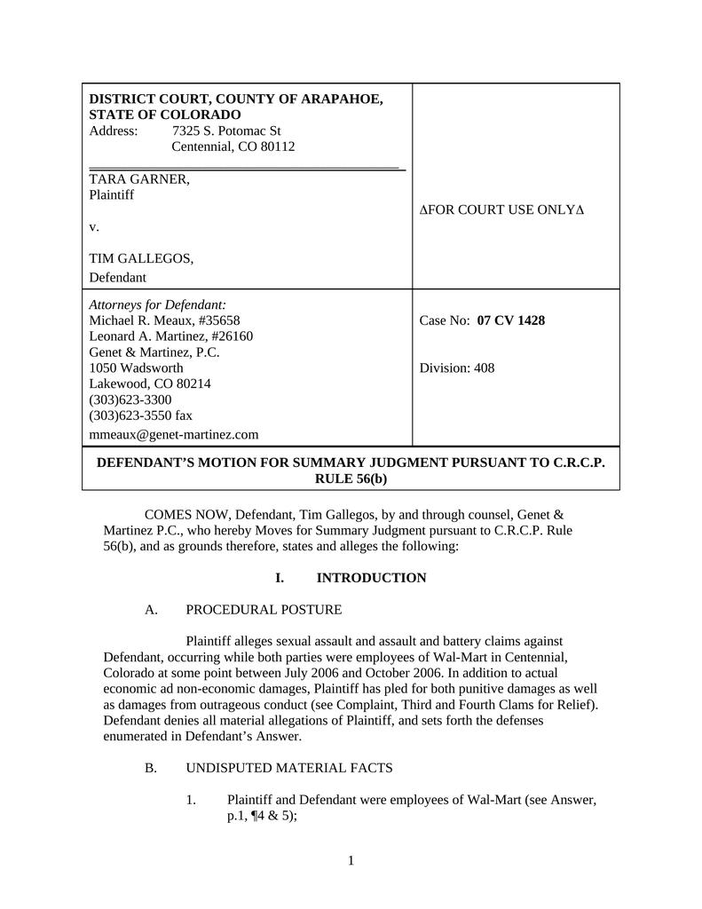 Defendant's Motion For Summary Judgment Pursuant To C.R.C.P. Rule 56(b ...