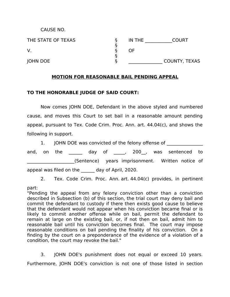 Motion For Reasonable Bail Pending Appeal Attorney Docs 