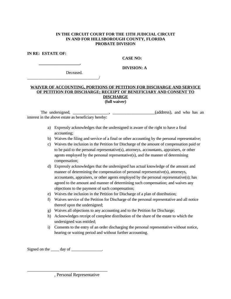 Waiver of Accounting, Portions of Petition for Discharge & Service of ...