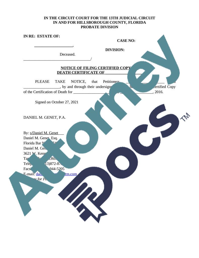 Notice of filing of certified copy of death certificate attorney docs