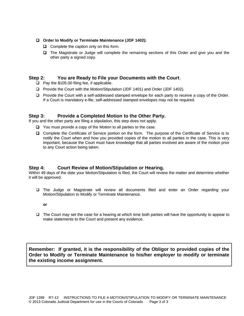 Instructions to file motion to modify or terminate maintenance